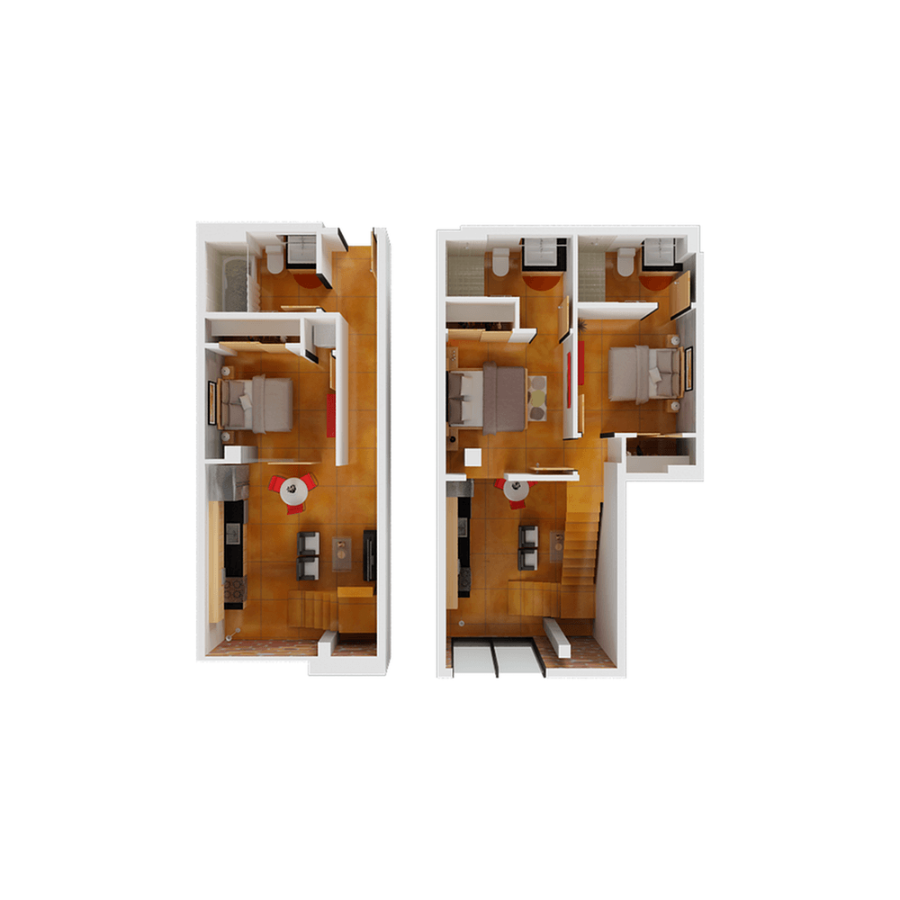 Floor plan for 3 beds, 3 baths, 908 sqft